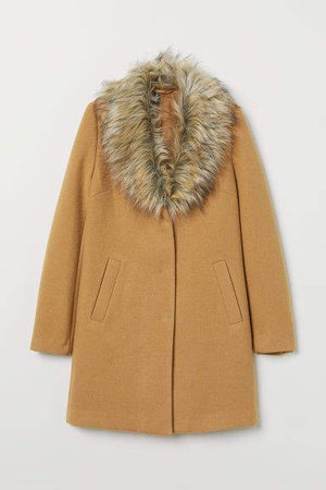 Coat with Faux Fur Collar - Beige