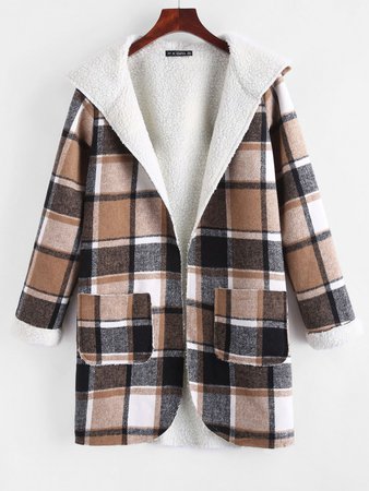 [33% OFF] 2020 Open Front Pockets Plaid Faux Shearling Coat In COFFEE | ZAFUL