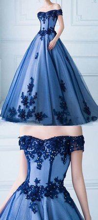 Off the Shoulder Short Sleeves Ball Gown Lace Blue Prom Dress Formal Quinceanera Dresses M7369