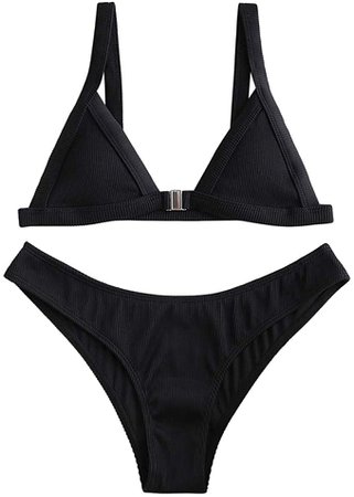 Amazon.com: ZAFUL Women's Straps Textured Ribbed Front Closure High Cut Bikini Set Swimsuit: Clothing