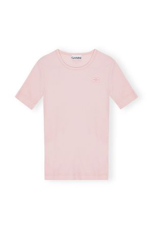 Chalk Pink Pink Soft Cotton Rib Short Sleeve T-Shirt | GANNI DE