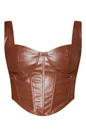 *clipped by @luci-her* Brown Pu Panel Detail Cropped Corset | Tops | PrettyLittleThing USA