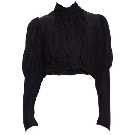 Victorian Black Wool/Cotton Sateen and Silk Lace Leg-O-Mutton Sleved Blouse For Sale at 1stDibs