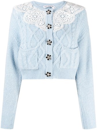 Shop blue Self-Portrait contrast knit lace embroidered cardigan with Express Delivery - Farfetch