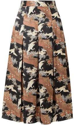 Pleated Printed Silk-satin Midi Skirt