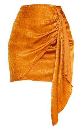 Rust Satin Wrap Tie Detail Mini Skirt | PrettyLittleThing