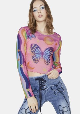 Delia's Airbrush Butterfly Long Sleeve Crop Top - Pink/Rainbow – Dolls Kill