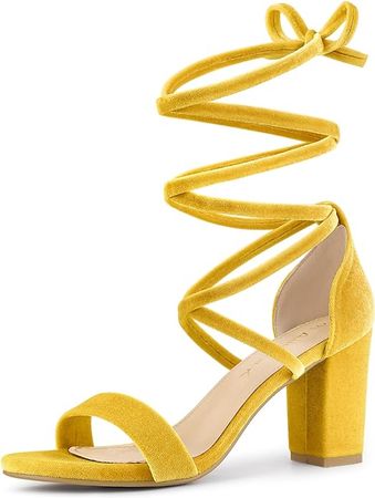 Amazon.com | Allegra K Women's Faux Velvet Lace Up Chunky Heel Strappy Sandals | Heeled Sandals