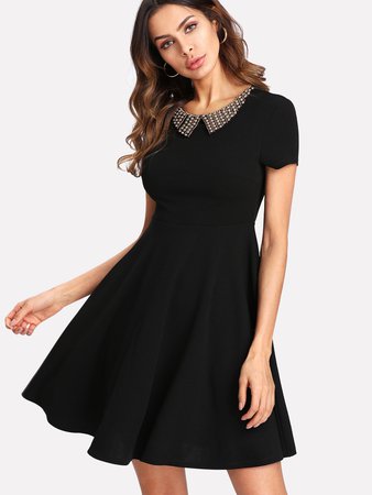 Beaded Collar Fit & Flare Dress
