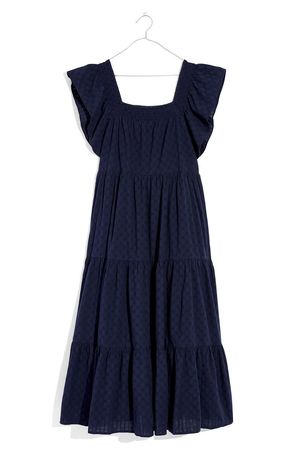 Madewell Women's Textured Check Ruffle Sleeve Tiered Midi Dress | Nordstrom