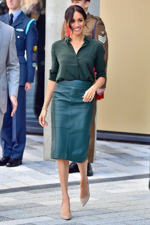 Meghan Markle's Green Hugo Boss Leather Skirt | POPSUGAR Fashion