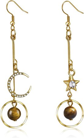 Amazon.com: Mismatched Unique Celestial Crescent Moon and Star Rhinestone and Tiger Eye Stone Dangle Drop Earrings for Women: Clothing, Shoes & Jewelry