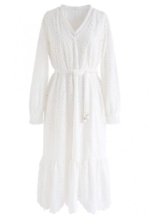 Scallop Embroidered Eyelet V-Neck Midi Dress - NEW ARRIVALS - Retro, Indie and Unique Fashion
