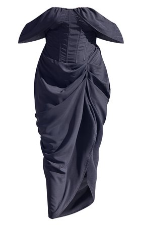 Plus Black Bardot Ruched Side Midi Dress | PrettyLittleThing USA