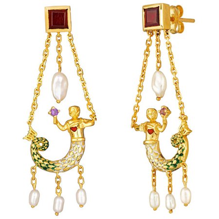 La Sirene Earrings, 18 Karat Yellow Gold with Enamel, Amethyst, Garnet, Pearl For Sale at 1stDibs