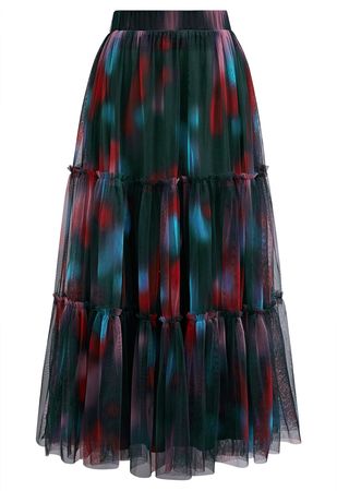 Tie Dye Double-Layered Mesh Tulle Skirt in Red - Retro, Indie and Unique Fashion