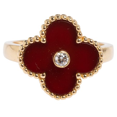 Van Cleef & Arpels Vintage Alhambra Carnelian 18K Yellow Gold Diamond Ring