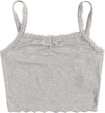 SweatyRocks Women's Cute Spaghetti Strap Lace Trim Ruched Ribbed Knit Cami Crop Top at Amazon Women’s Clothing store