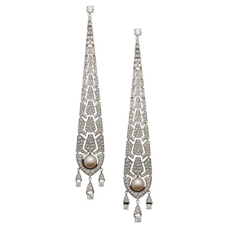 Cartier Pair of Diamond and Pearl Long Drop Earrings
