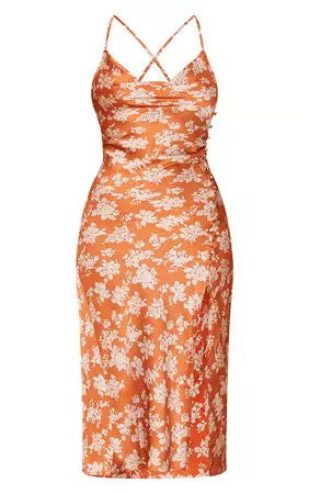 Rust Floral Print Button Satin Midi Slip Dress | PrettyLittleThing USA