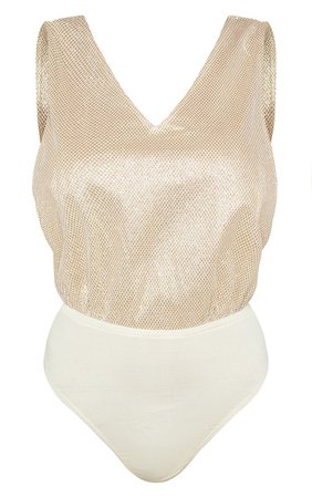 Gold Glitter Deep Plunge Bodysuit | Tops | PrettyLittleThing
