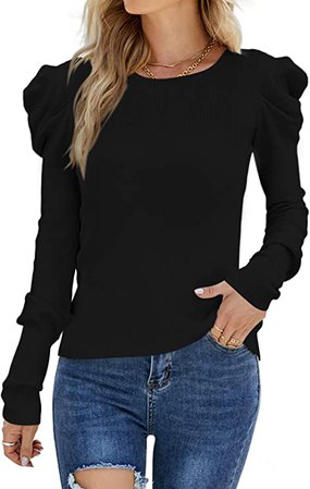 SENSERISE Womens Long Puff Sleeve Pullover Sweaters Crew Neck Casual Slim Fit Knitted Jumper Tops at Amazon Women’s Clothing store