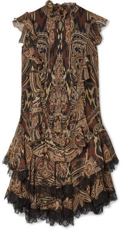 Lace-trimmed Printed Silk-crepe Mini Dress - Brown