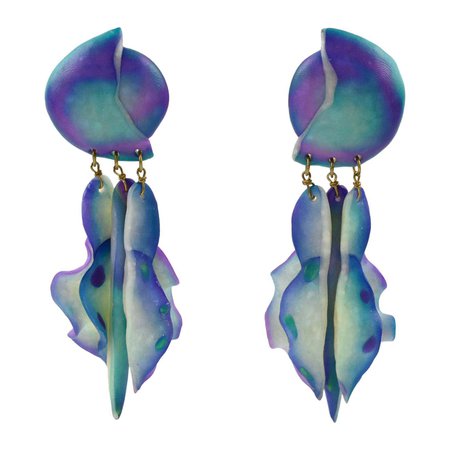 Oversized Futuristic Turquoise Purple Resin Pierced Earrings For Sale at 1stDibs