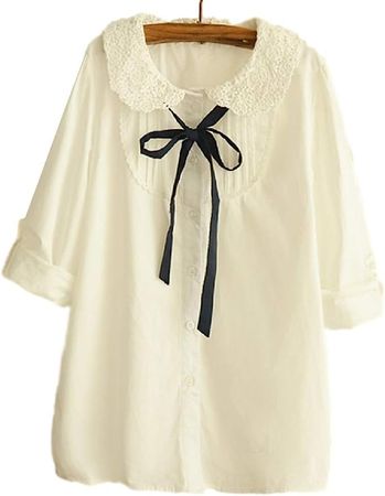 Amazon.com: GK-O Japanese Mori Girl Lolita Lace Bow Tie Long Sleeve Shirt Preppy Blouse (Large) White: Clothing, Shoes & Jewelry