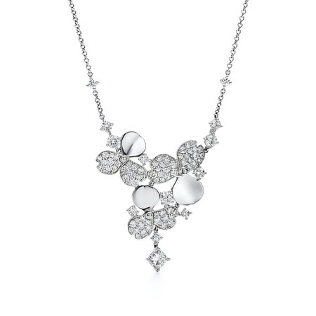 Tiffany Paper Flowers™ diamond cluster drop necklace in platinum. | Tiffany & Co.
