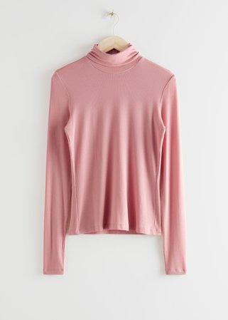Fitted Lyocell Ribbed Turtleneck - Pink - Turtlenecks - & Other Stories