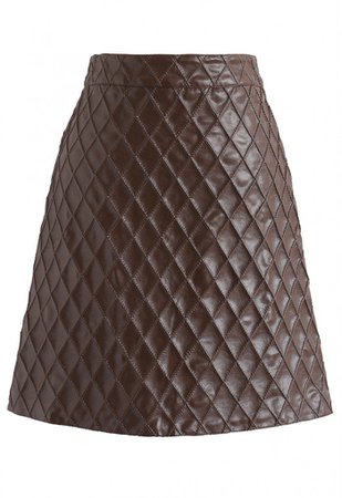 Diamond Quilted Faux Leather Skirt in Brown - NEW ARRIVALS - Retro, Indie and Unique Fashion