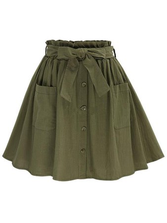 Olive Green Self Tie Button Front Circle Skirt