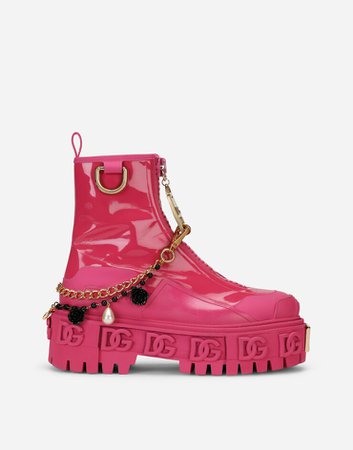Women's Boots and Booties in Fuchsia | Rubberized calfskin and patent leather ankle boots with bejeweled chain and DG logo | Dolce&Gabbana