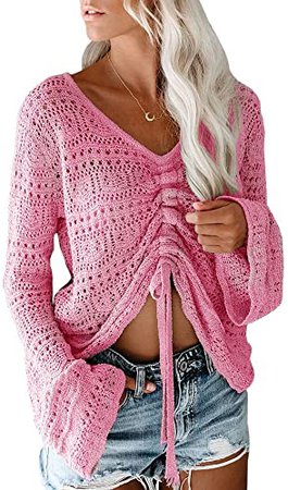 Saodimallsu Womens Boho Off Shoulder Sheer Crop Tops Bell Sleeve Flowy Oversized Crochet Ruched Pullover Sweaters at Amazon Women’s Clothing store