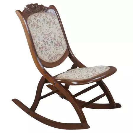Antique Victorian Mahogany Carved Folding Rocker Floral Seat Campaign Chair For Sale at 1stDibs | antique ladies rocking chair, antique folding rocking chair