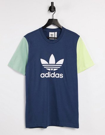 adidas Originals adicolor boyfriend fit color block logo t-shirt in navy | ASOS