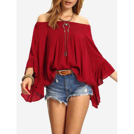 Fashiontage - Burgundy Off Shoulder Bell Sleeve Ruffle Top - 857215795261