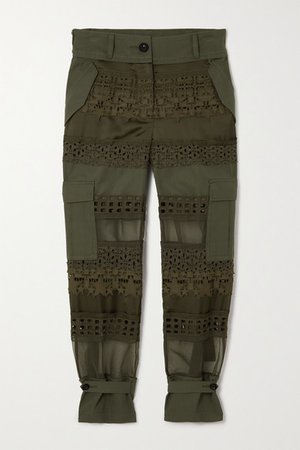 Broderie Anglaise Cotton, Gabardine And Chiffon Tapered Pants - Dark green