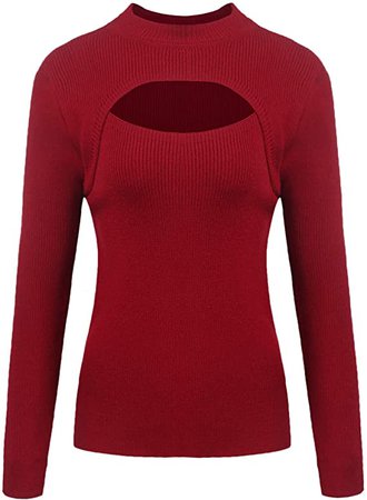 Dealwell Women's Keyhole Long Sleeve Lightweight Knitted Sweater Mock Turtle Neck Pullover Tops Wine Red XXL at Amazon Women’s Clothing store