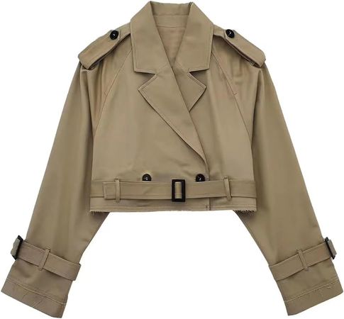 Amazon.com: Wyeysyt Women's Cropped Jacket Lapel Long Sleeve Crop Trench Coat Loose Pea Outwear with Belt(Darkkhaki-M) : Clothing, Shoes & Jewelry