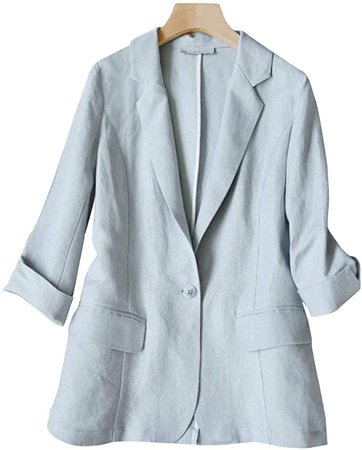 utcoco Women’s Petite Vintage Notched Lapel Collar Roll-Sleeve Linen-Blending One-Button Blazer Jacket at Amazon Women’s Clothing store