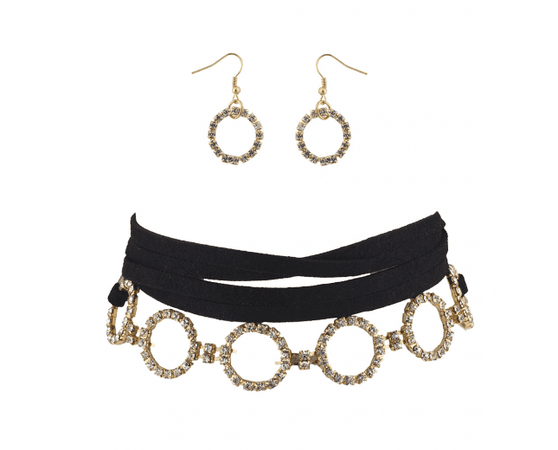 Black Velvet Gold Crystal Rhinestone Circle Choker Earring Set - Necklaces
