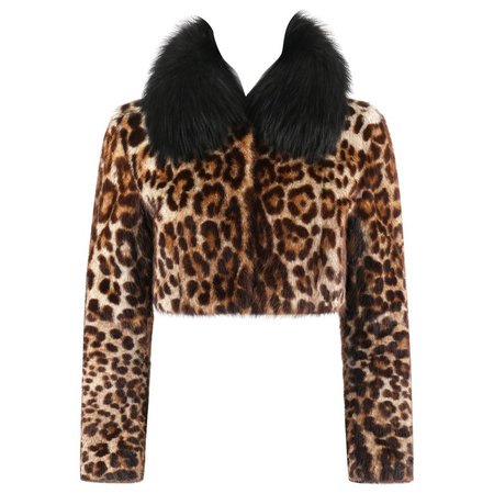 DOLCE and GABBANA A/W 2007 Leopard Print Marmot and Fox Fur Collar Cropped Jacket For Sale at 1stdibs