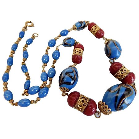 Czech Neiger Blue Art and Burgundy Glass Beaded Necklace | Etsy