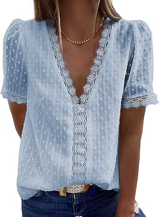 Dokotoo Women's V Neck Lace Crochet Tunic Tops Flowy Casual Blouses Shirts at Amazon Women’s Clothing store