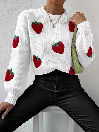 Strawberry Embroidery Drop Shoulder Sweater | SHEIN USA