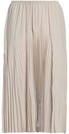 Plisse-paneled Crepe De Chine Midi Skirt