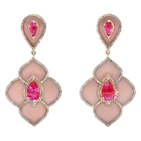 Pink Ruby Enamel Diamond Chandelier Earrings For Sale at 1stDibs