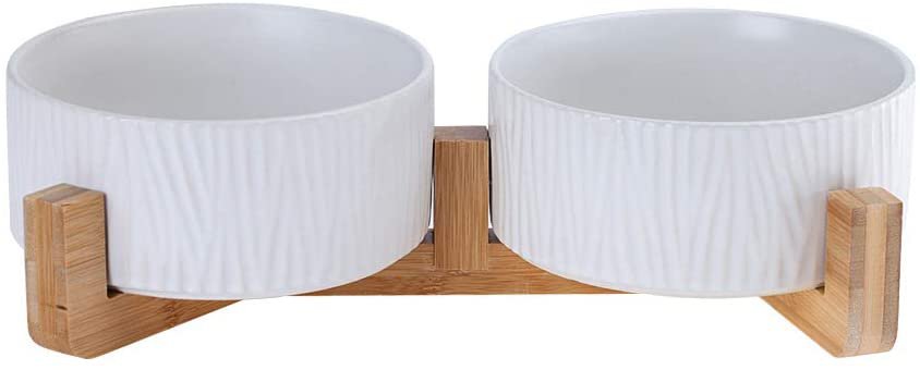 White Ceramic Cat Dog Bowl Dish with Wood Stand No Spill Pet Food Water Feeder Cats Large Dogs Set of 2 : Amazon.ca: Pet Supplies